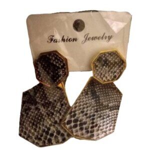Gray and Black Snake Skin Dangle Pierce Gold Tone Earrings